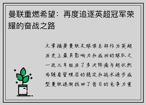 曼联重燃希望：再度追逐英超冠军荣耀的奋战之路
