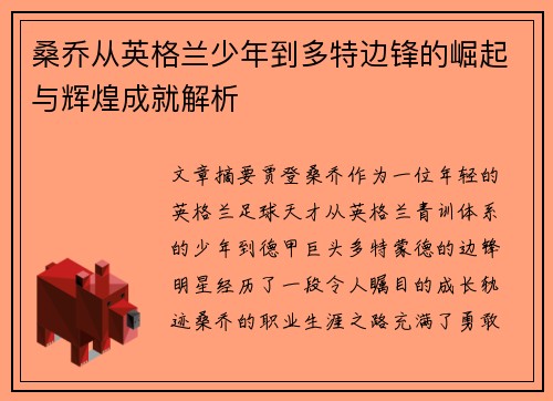 桑乔从英格兰少年到多特边锋的崛起与辉煌成就解析